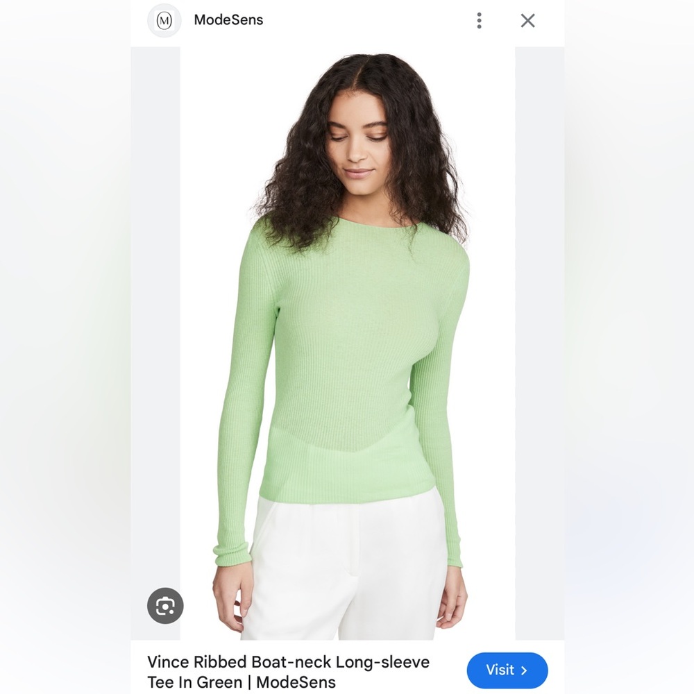 VINCE Ribbed Boat Neck Long Sleeve Tee in Green - L
